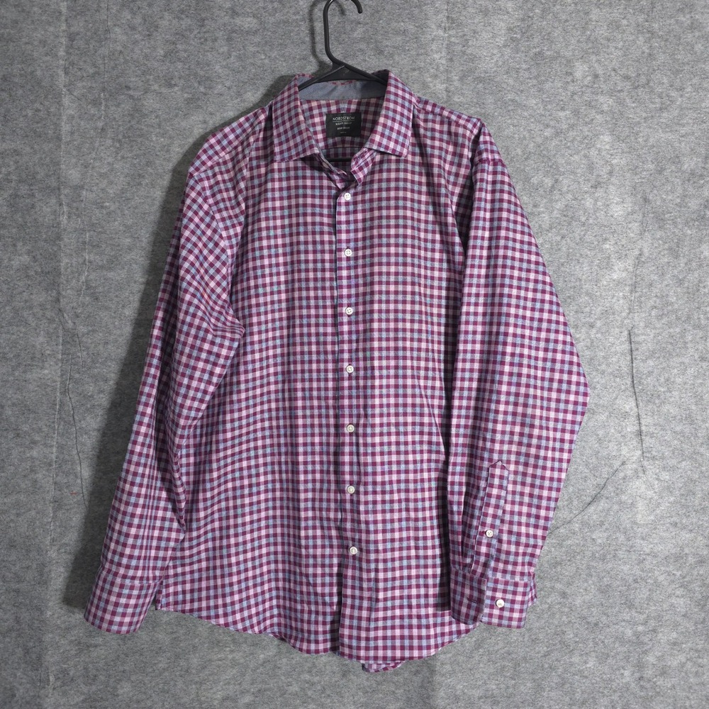 Nordstrom Checkered Non Iron Trim Fit Button Down Shirt Mens 17.5 Shop Purple